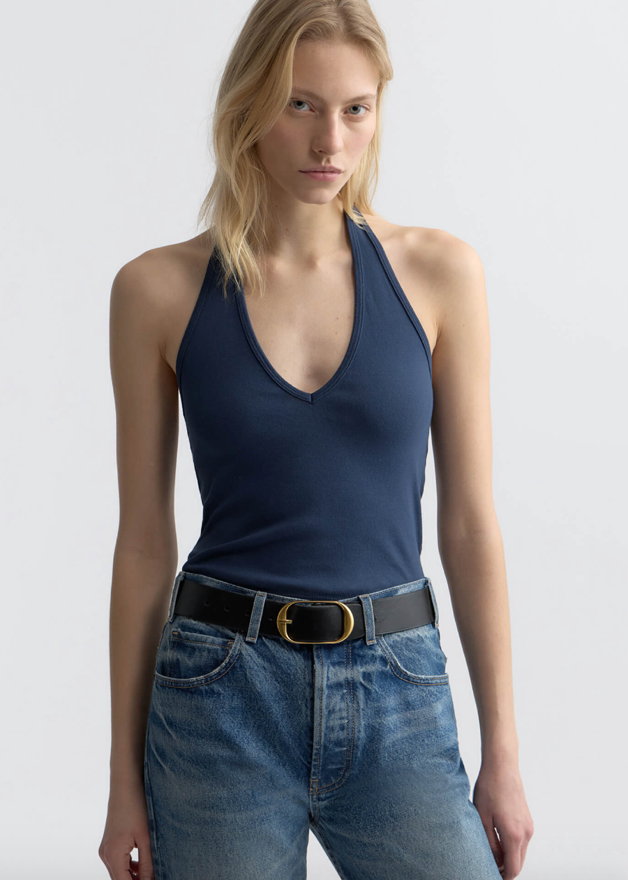 person wearing nili lotan womens Britt Halter Top in Admiral Blue