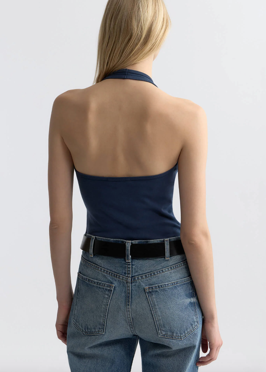 person wearing nili lotan womens Britt Halter Top in Admiral Blue