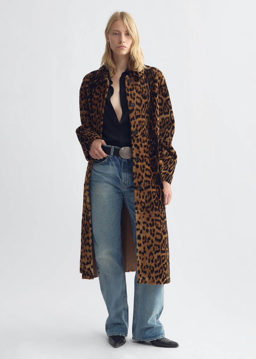 person wearing nili lotan womens Davelle Shearling Coat leopard print leather