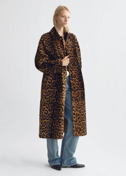 person wearing nili lotan womens Davelle Shearling Coat leopard print leather