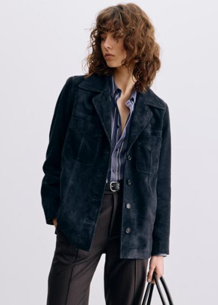 person wearing nili lotan womens Dominic Suede Jacket in Midnight Blue