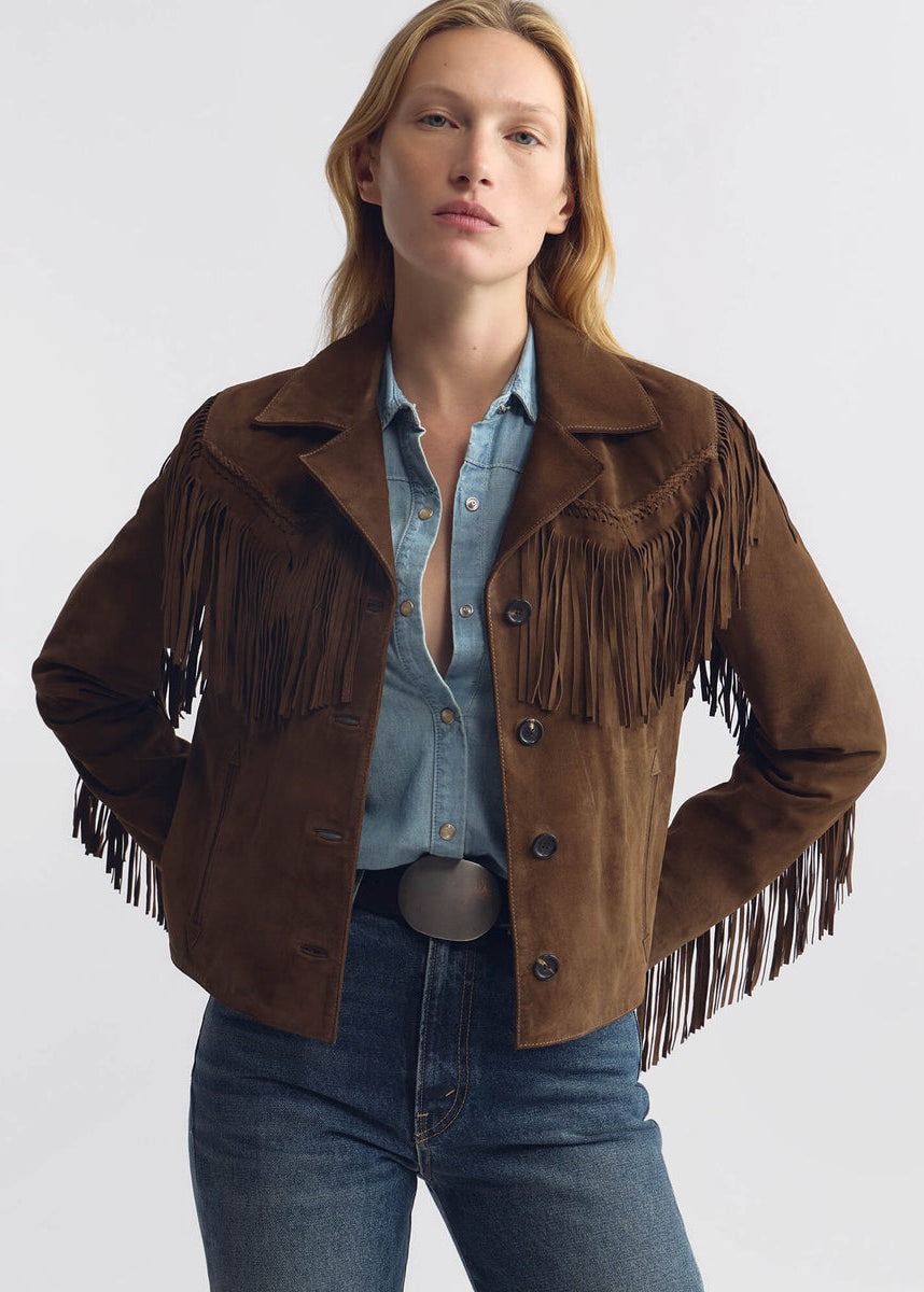person wearing nili lotan womens Eloi Suede fringe Jacket in Hazelnut brown
