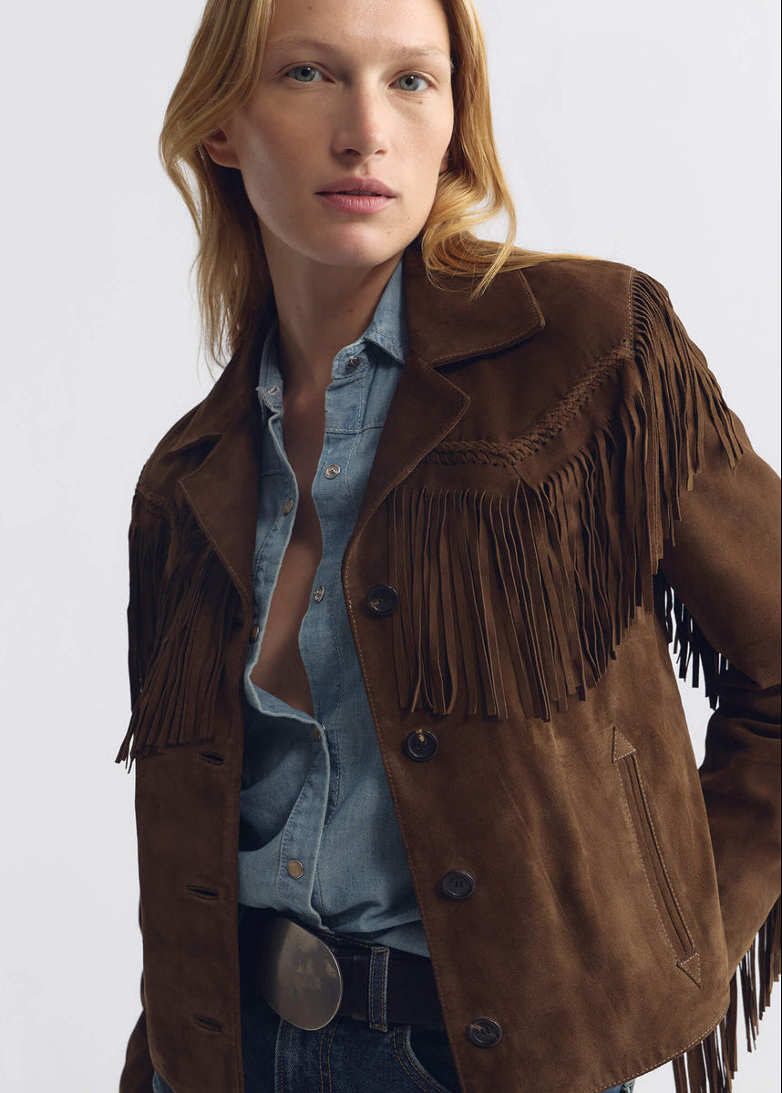 person wearing nili lotan womens Eloi Suede fringe Jacket in Hazelnut brown