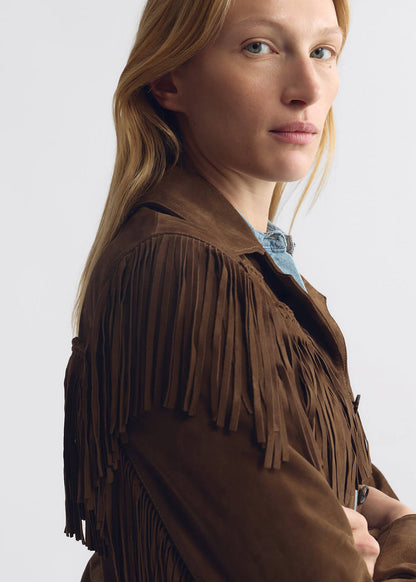 person wearing nili lotan womens Eloi Suede fringe Jacket in Hazelnut brown