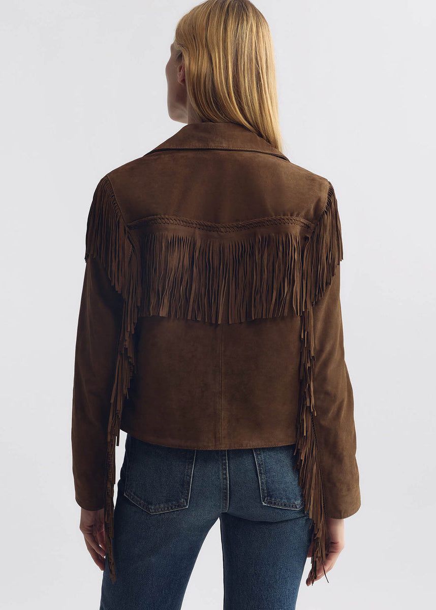 person wearing nili lotan womens Eloi Suede fringe Jacket in Hazelnut brown