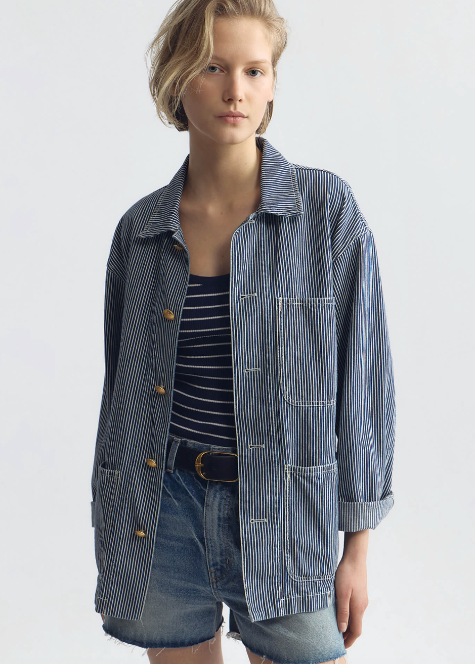 person wearing nili lotan womens Franklin Striped Jacket indigo stripe rinse