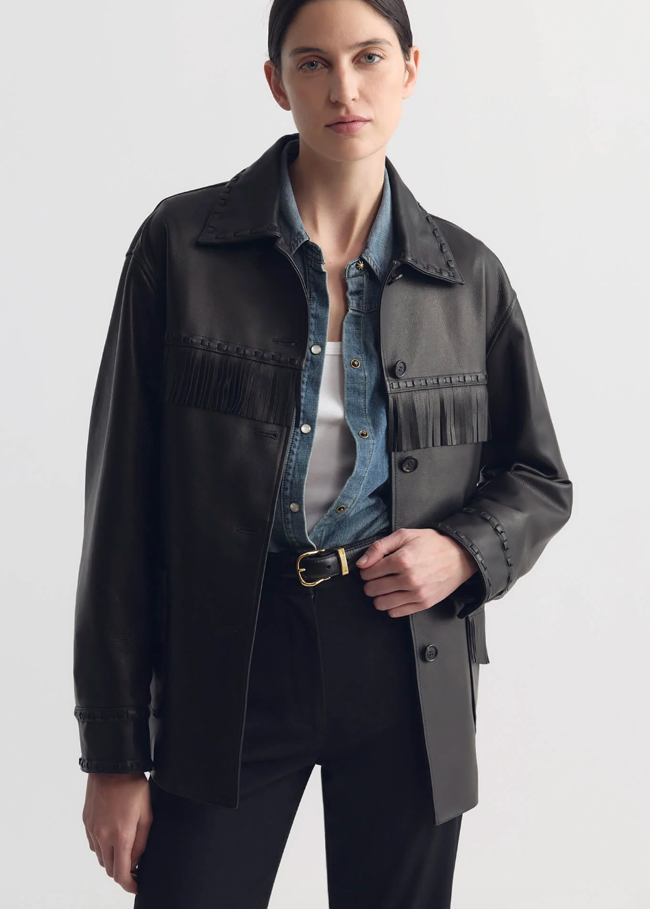 person wearing nili lotan womens Gus Fringe Leather Jacket black