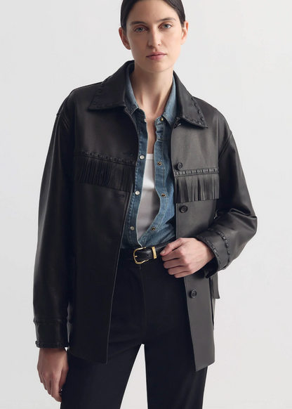 person wearing nili lotan womens Gus Fringe Leather Jacket black