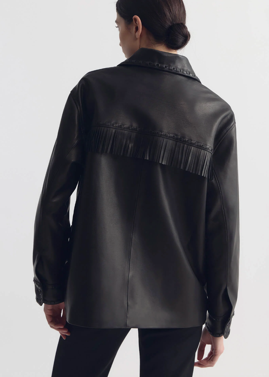 person wearing nili lotan womens Gus Fringe Leather Jacket black