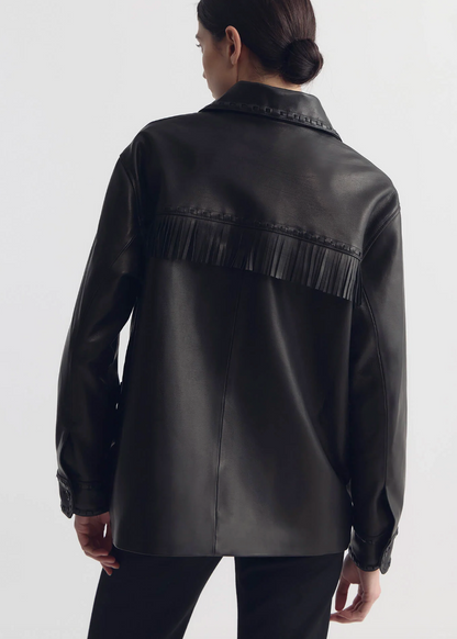 person wearing nili lotan womens Gus Fringe Leather Jacket black