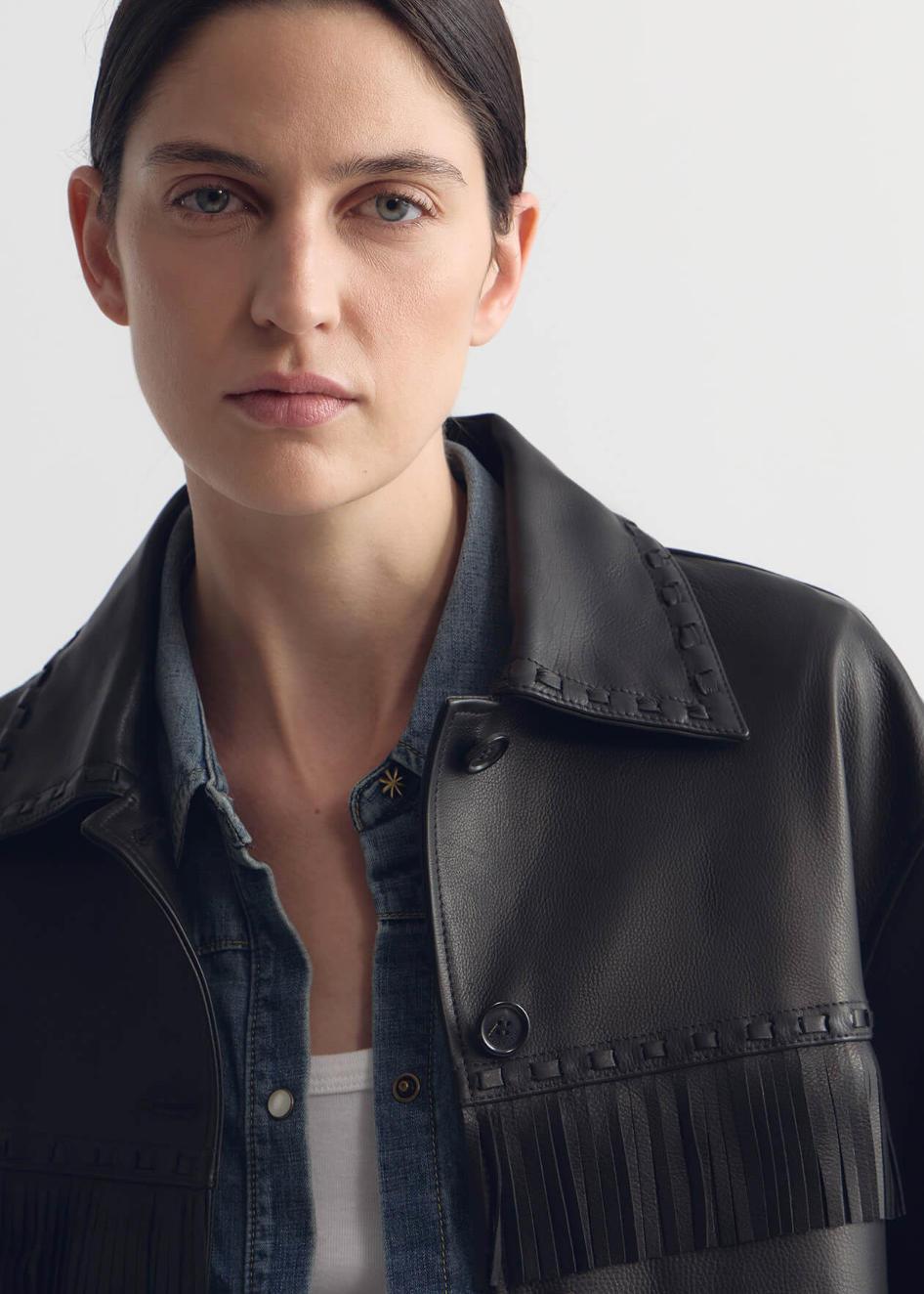 person wearing nili lotan womens Gus Fringe Leather Jacket black