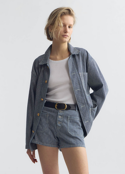 person wearing nili lotan womens Harley Striped Short indigo stripe rinse franklin srtiped jacket
