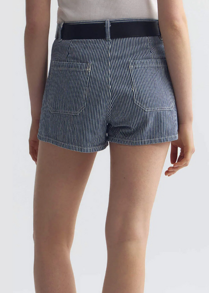 person wearing nili lotan womens Harley Striped Short indigo stripe rinse 