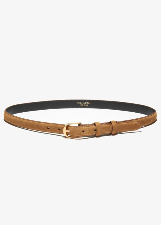 nili lotan womens Jane Suede Belt in tan martora with gold buckle
