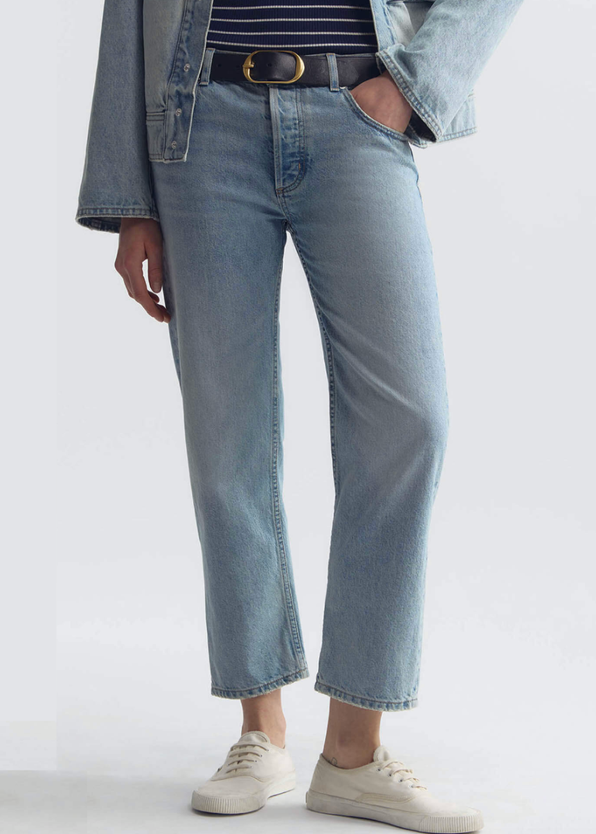 person wearing nili lotan womens Lorimer Jean in Alice Wash denim