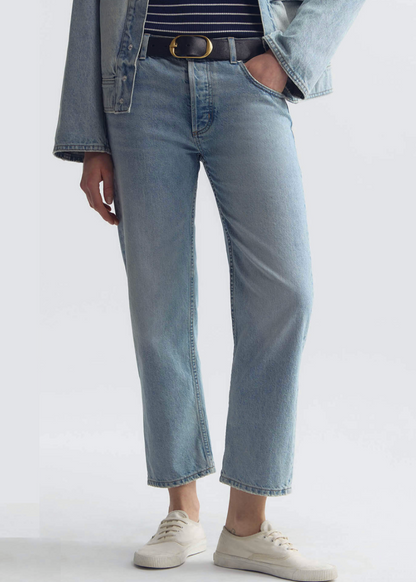 person wearing nili lotan womens Lorimer Jean in Alice Wash denim