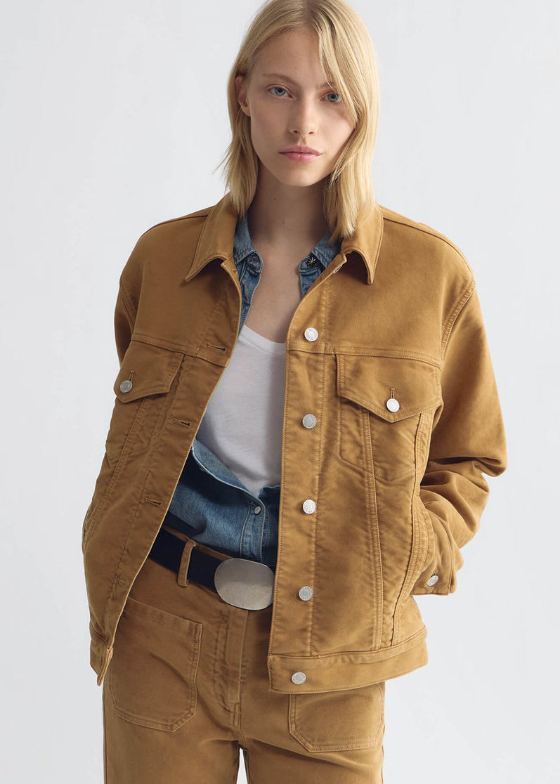 person wearing nili lotan womens Marian Moleskin cotton Jacket bourbon tan