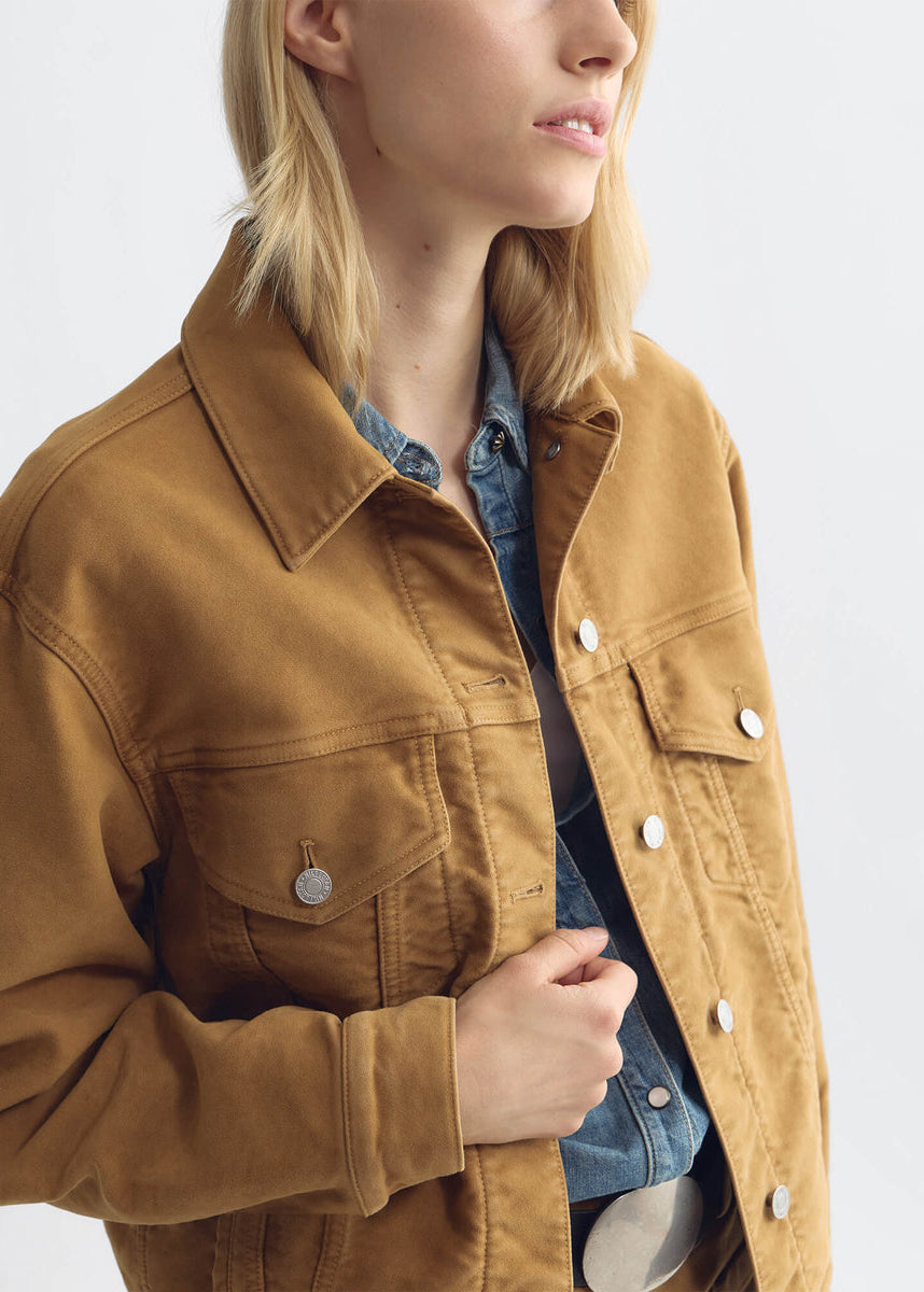 person wearing nili lotan womens Marian Moleskin cotton Jacket bourbon tan