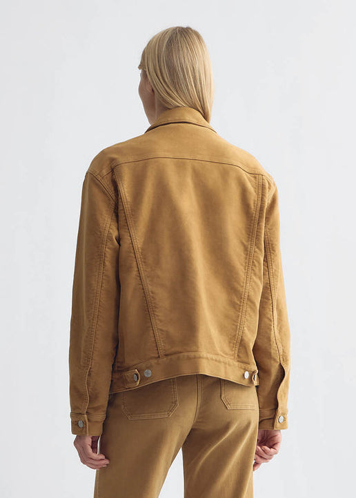person wearing nili lotan womens Marian Moleskin cotton Jacket bourbon tan