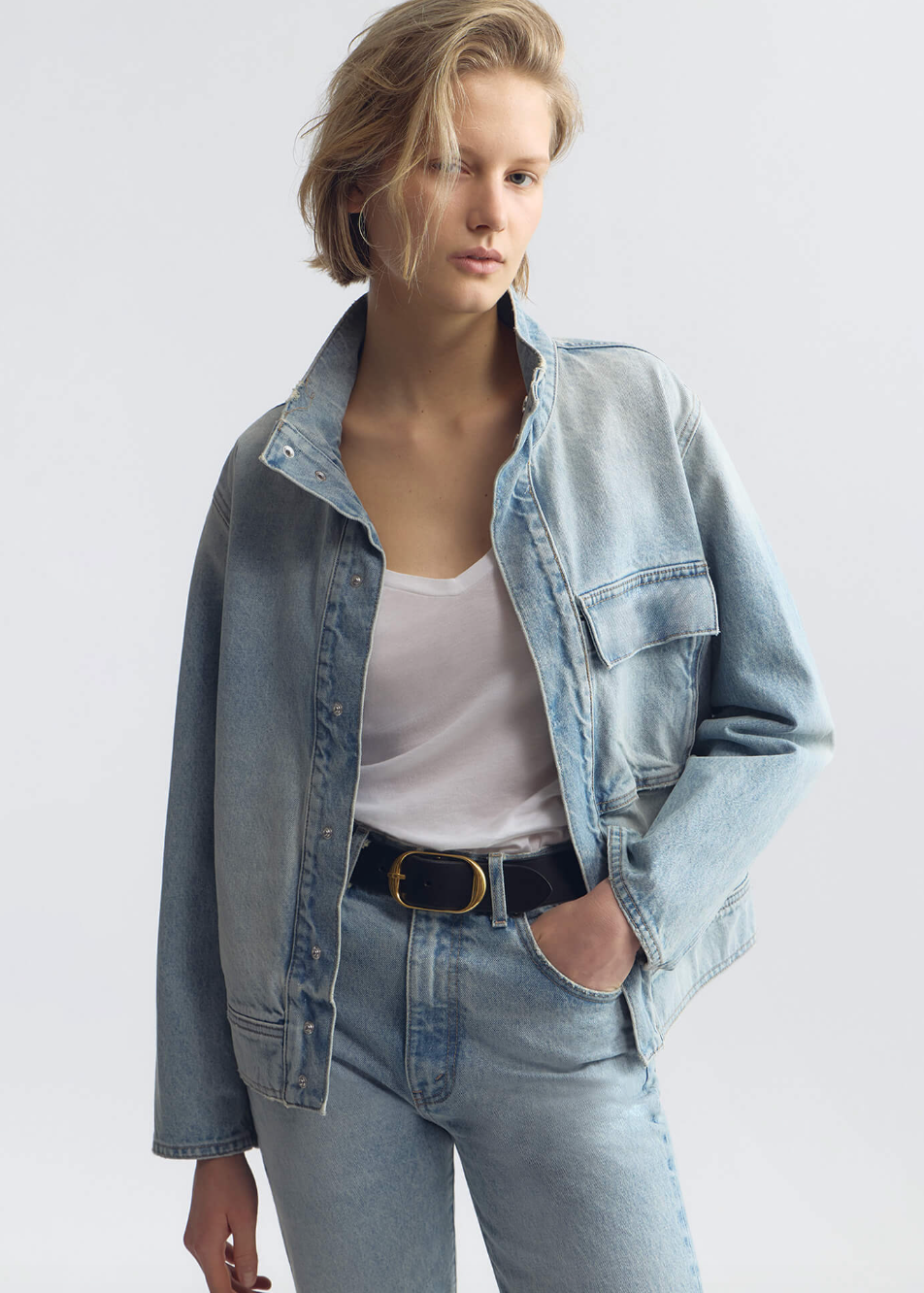 person wearing nili lotan womens Marilou Denim Jacket alice wash light blue
