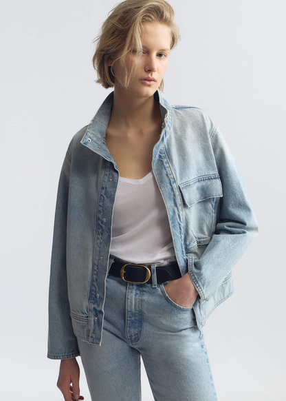 person wearing nili lotan womens Marilou Denim Jacket alice wash light blue