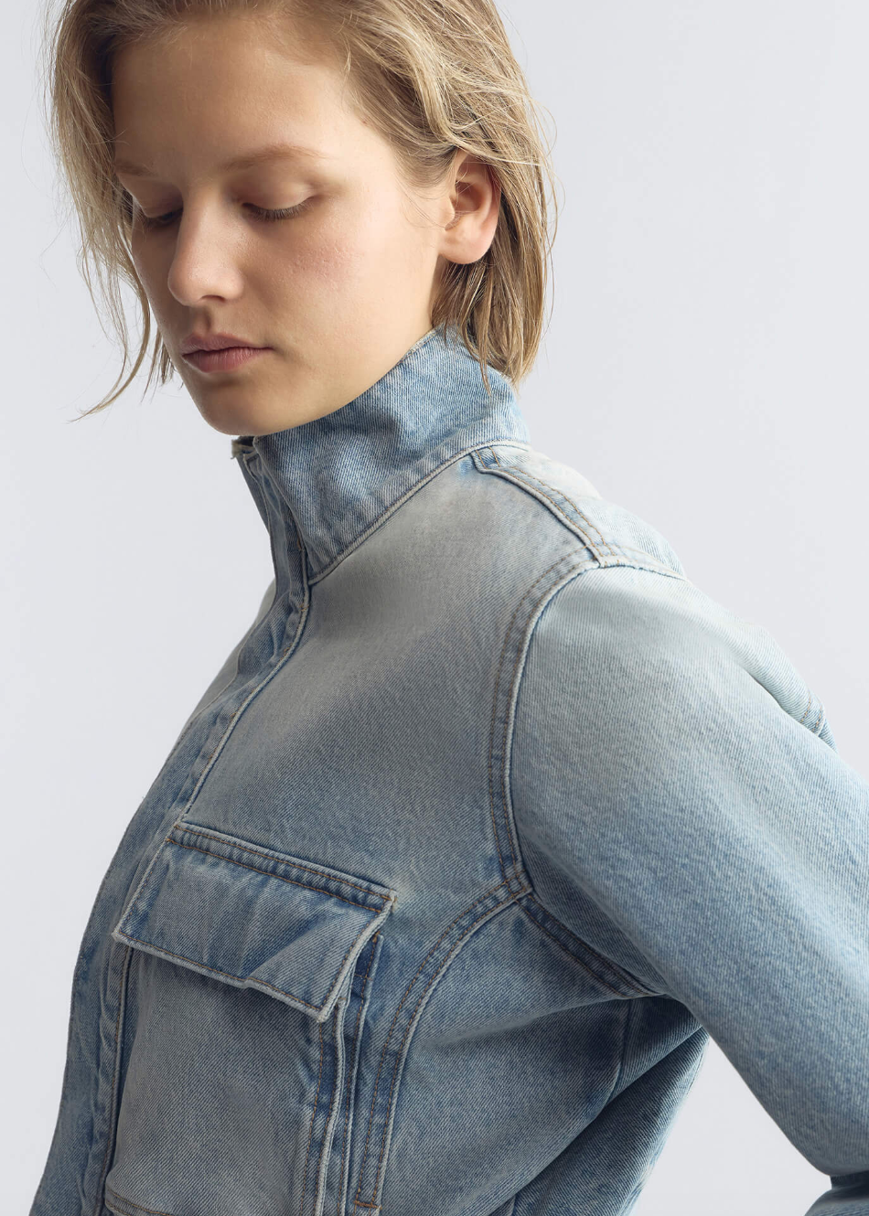 person wearing nili lotan womens Marilou Denim Jacket alice wash light blue