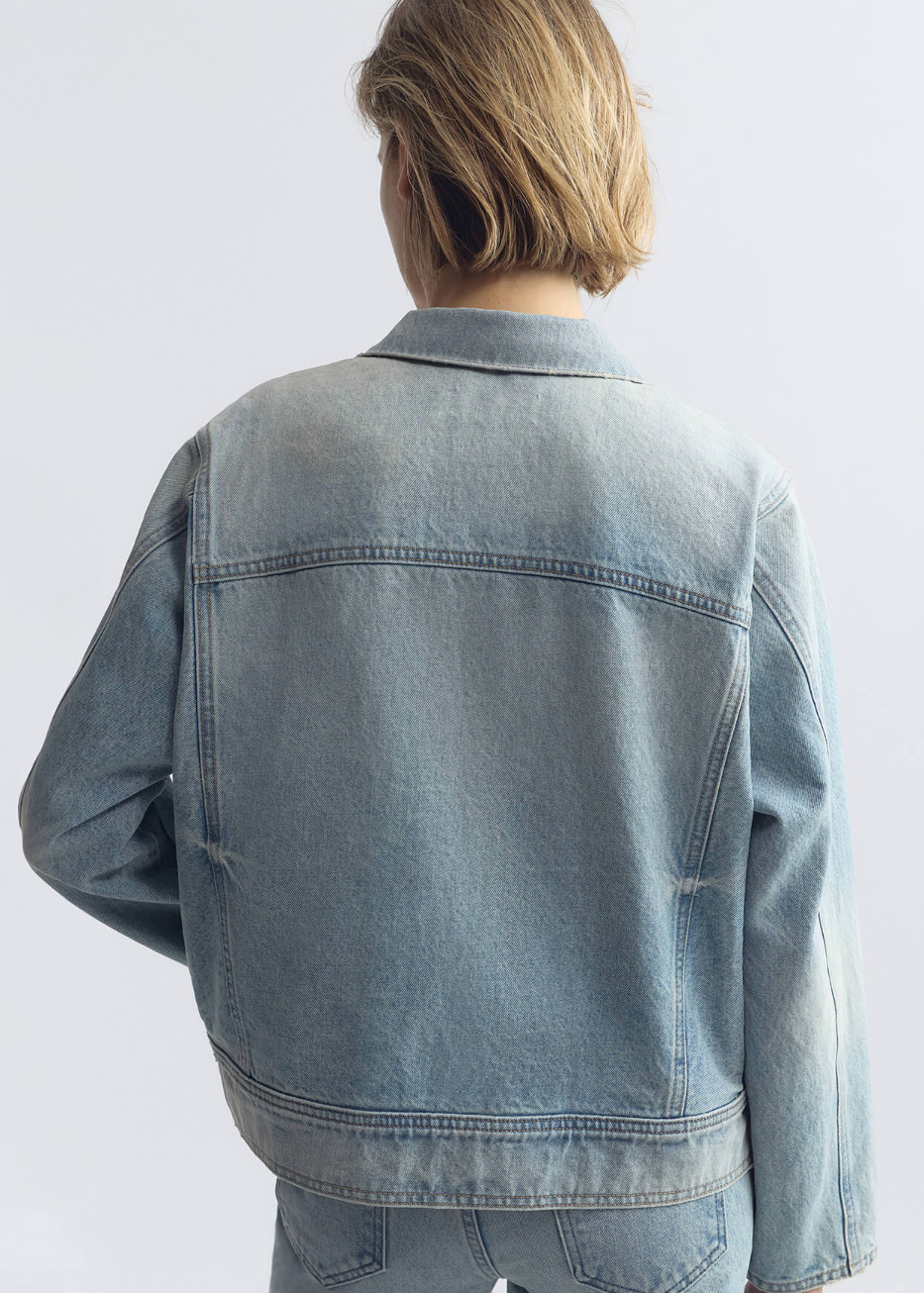 person wearing nili lotan womens Marilou Denim Jacket alice wash light blue