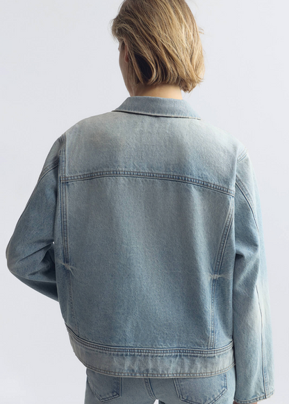person wearing nili lotan womens Marilou Denim Jacket alice wash light blue