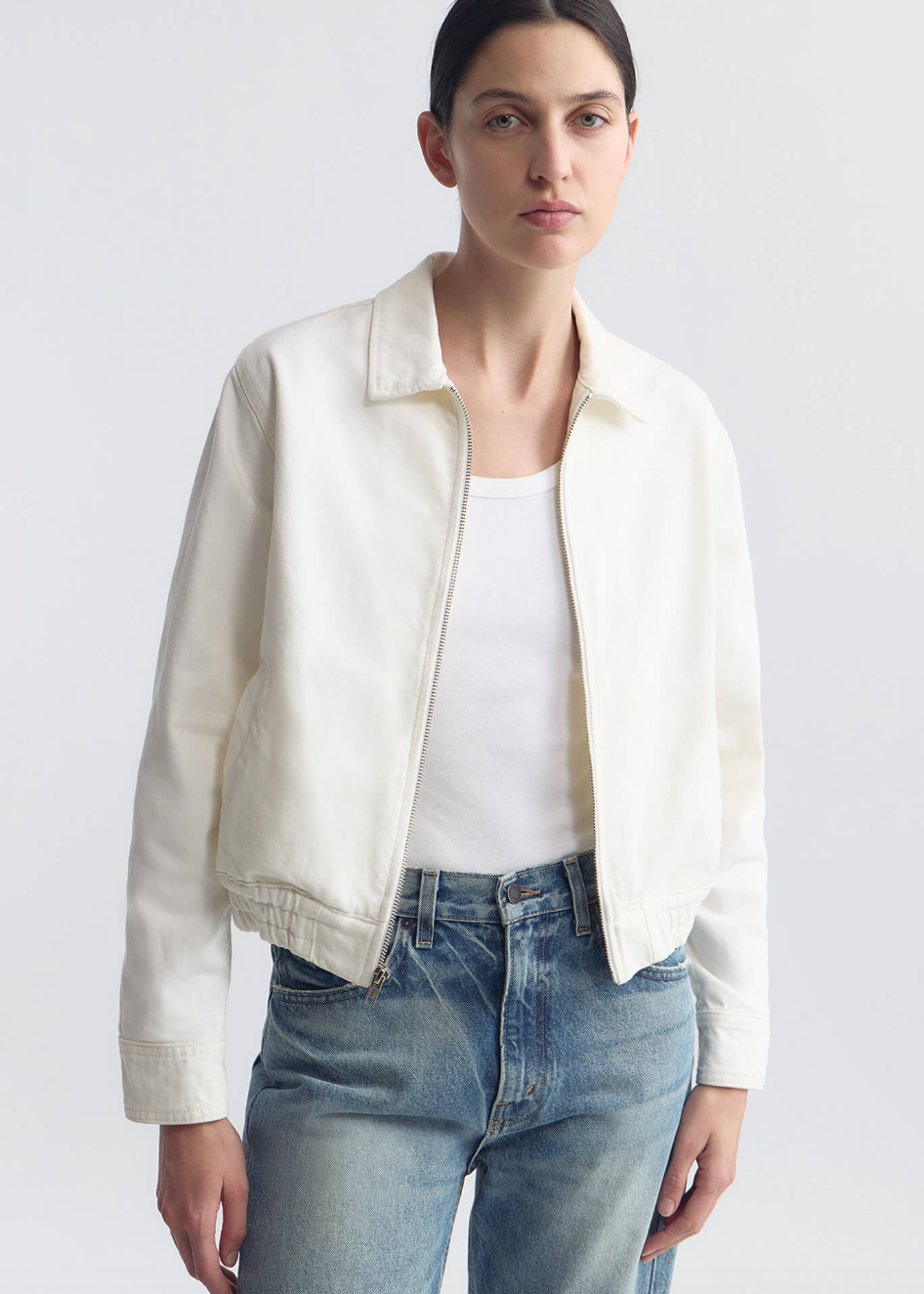 person wearing nili lotan womens Najac Denim Jacket cream