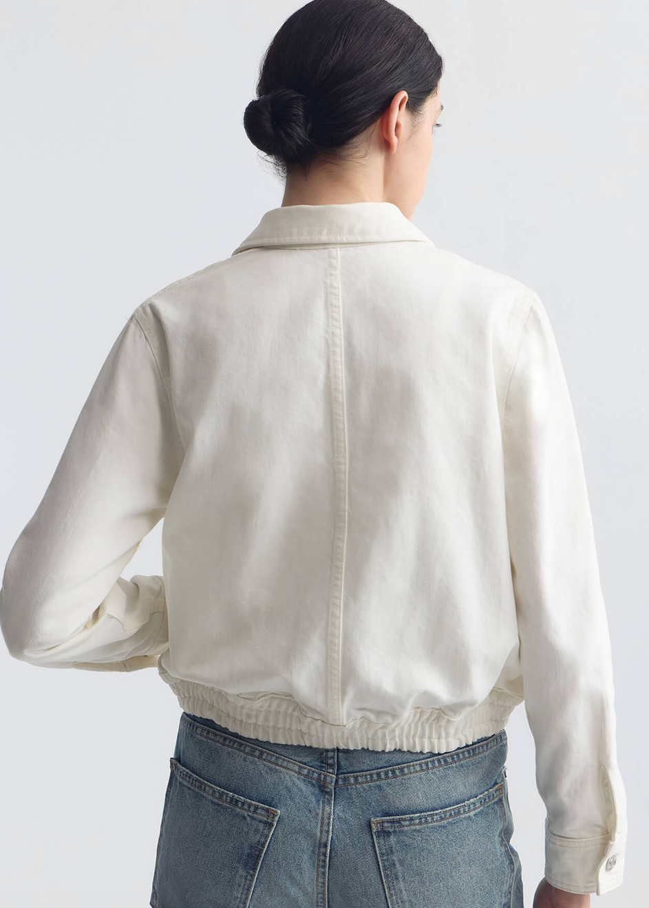 person wearing nili lotan womens Najac Denim Jacket cream
