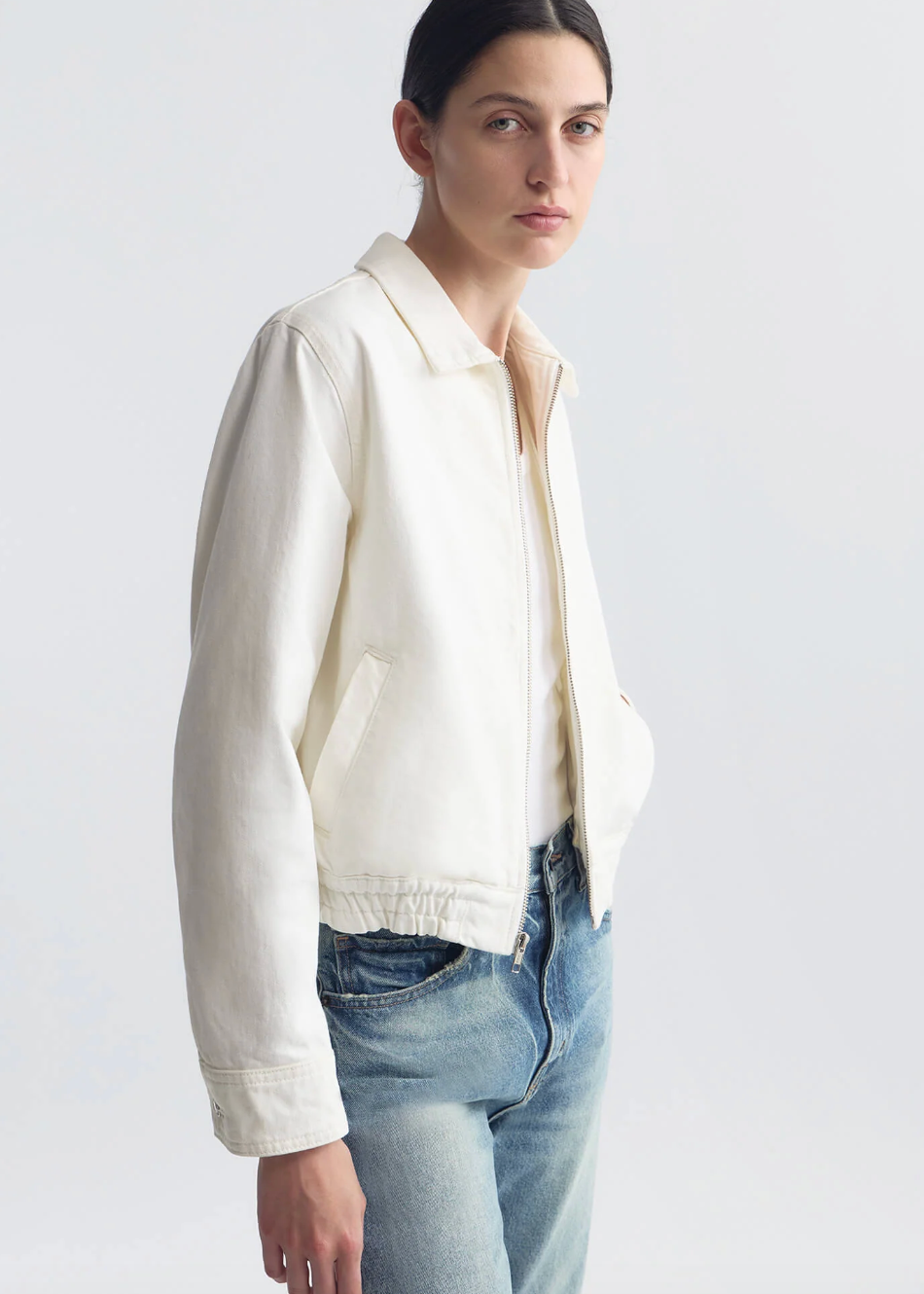 person wearing nili lotan womens Najac Denim Jacket cream