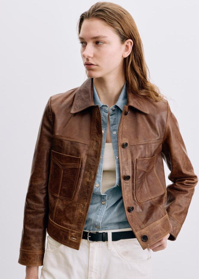 person wearing nili lotan womens Susannah Leather Jacket in Terra brown