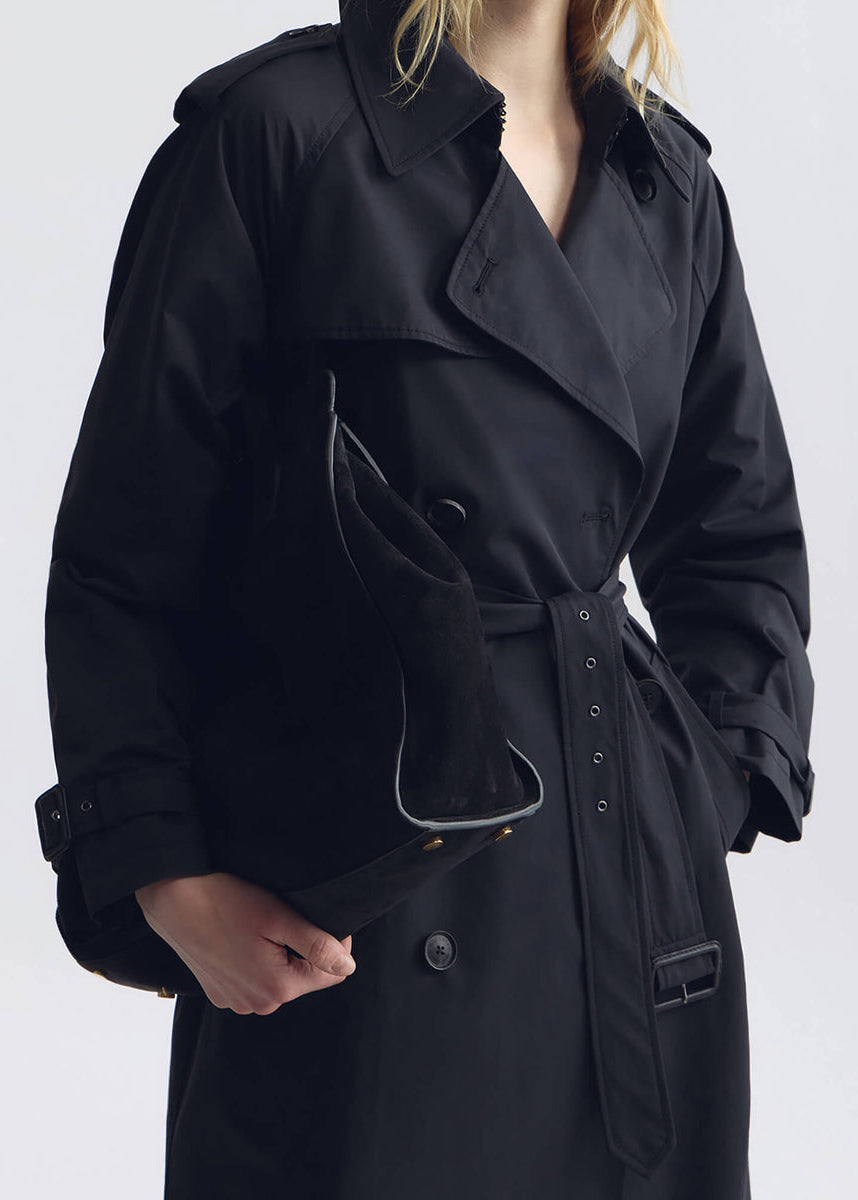 person wearing nili lotan womens Tanner Trench Coat in Black