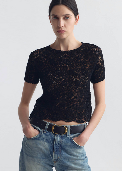 person wearing nili lotan womens crochet Elionne Sweater black