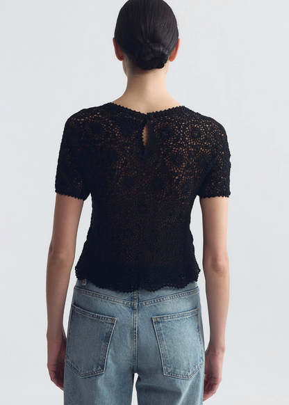 person wearing nili lotan womens crochet Elionne Sweater black