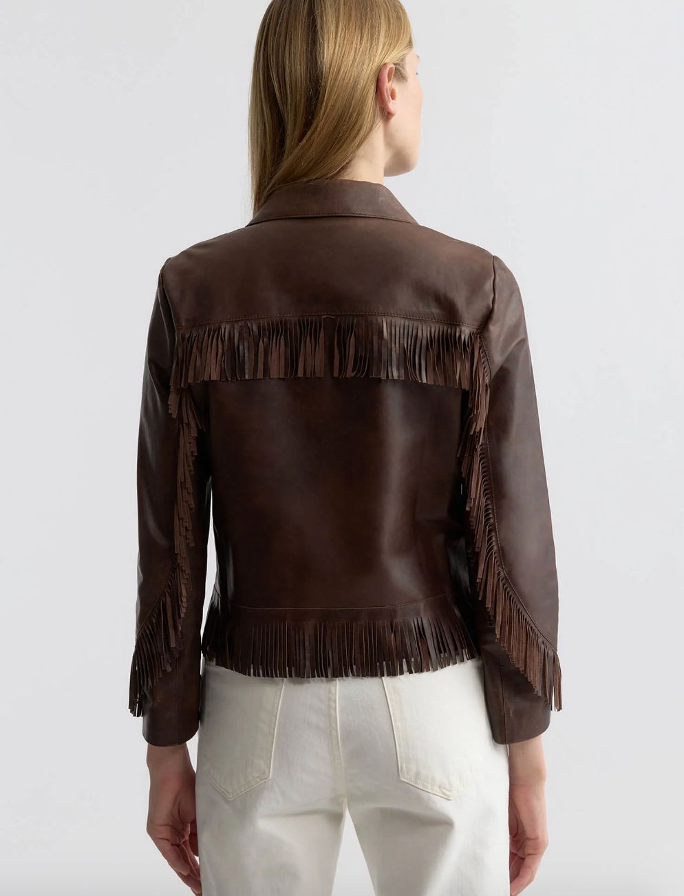 person wearing nili lotan womens dark brown Lazare Fringe Leather Jacket