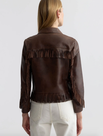 person wearing nili lotan womens dark brown Lazare Fringe Leather Jacket