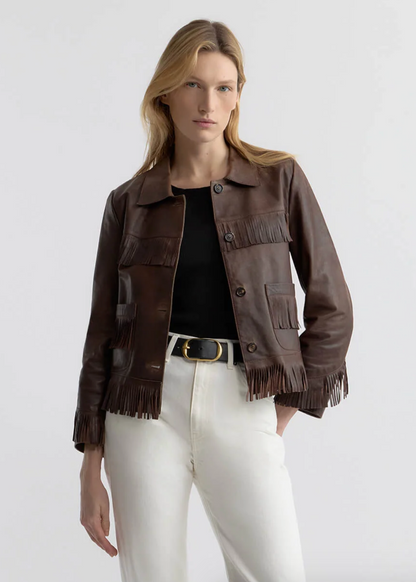 person wearing nili lotan womens dark brown Lazare Fringe Leather Jacket