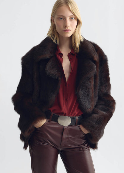 person wearing nili lotan womns Cleophee double breasted Short Shearling Coat