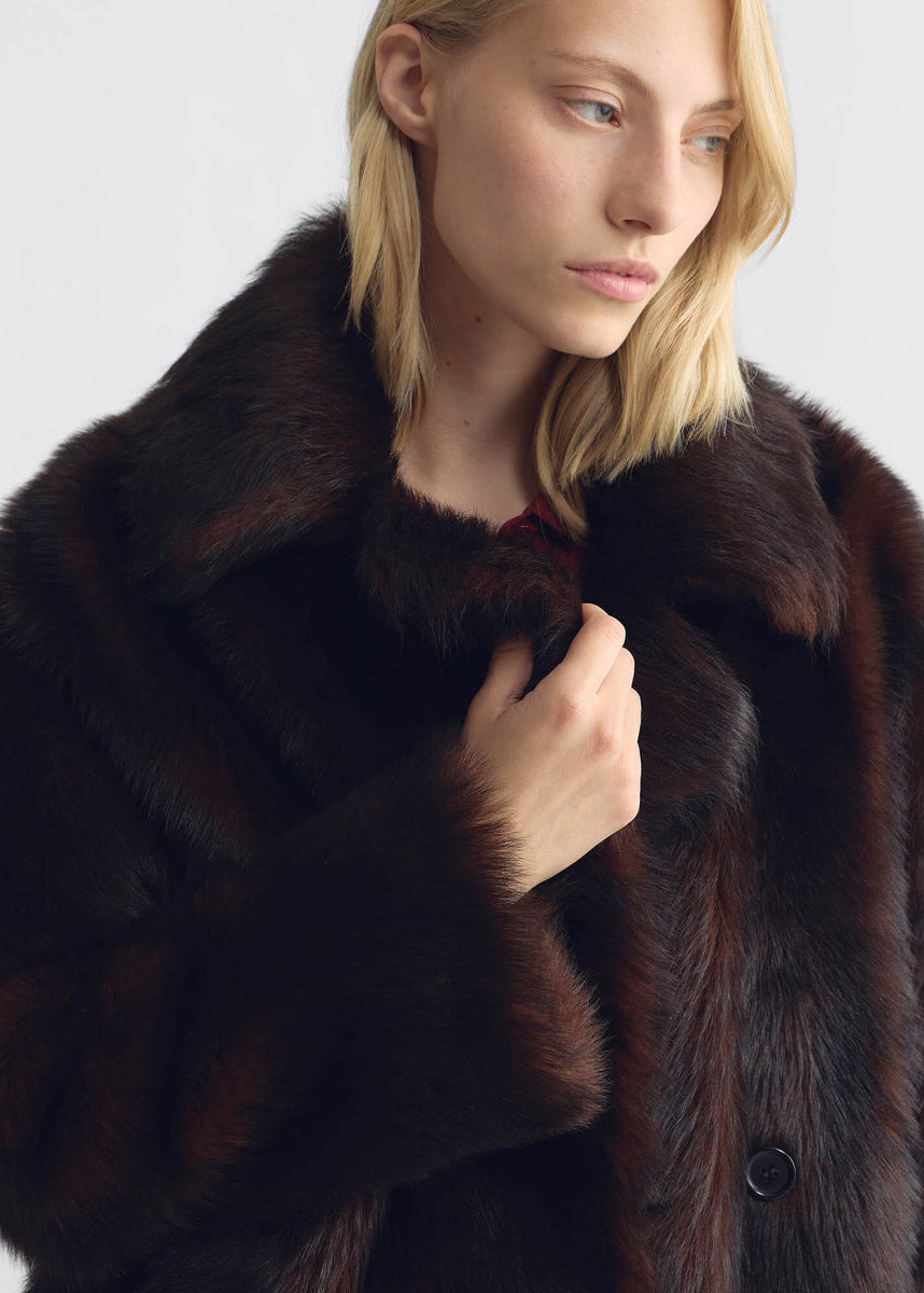 person wearing nili lotan womns Cleophee double breasted Short Shearling Coat