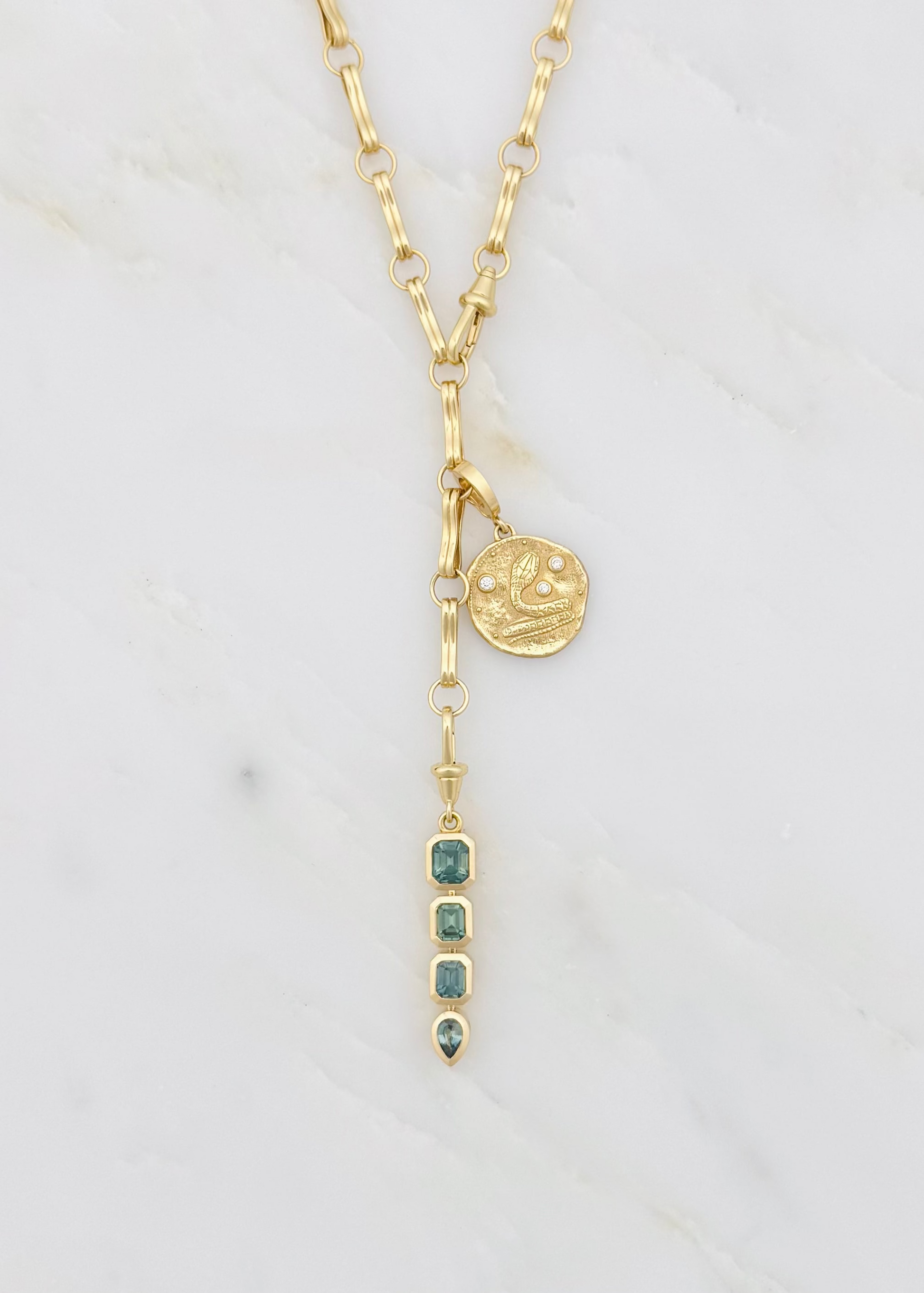 one of a kind azlee fine jewelry 18k yellow gold Teal Sapphire Lariat Charm