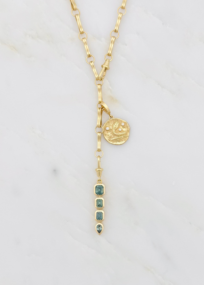 one of a kind azlee fine jewelry 18k yellow gold Teal Sapphire Lariat Charm