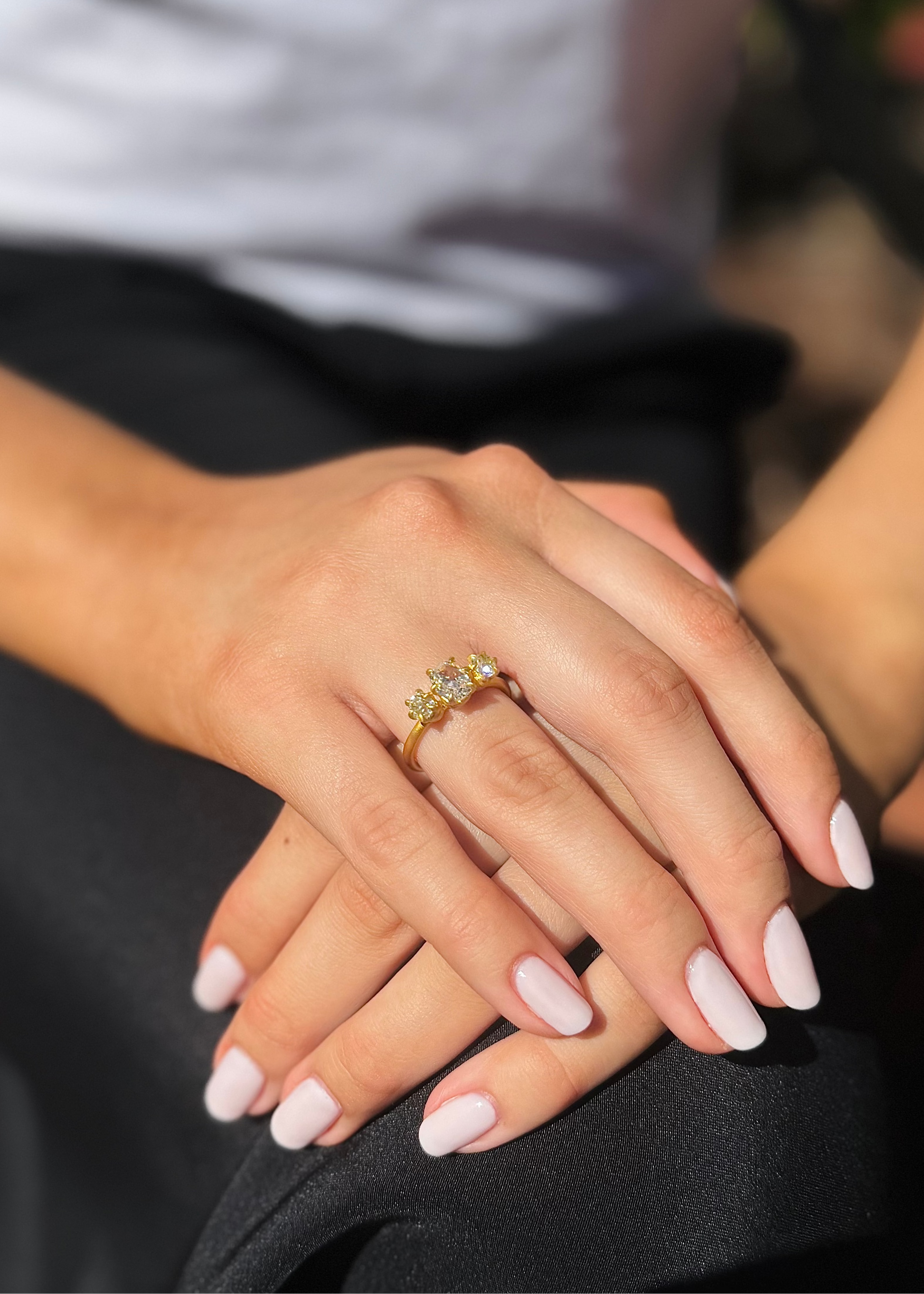 person wearing person wearing darius fine jewelry 18k yellow gold One-of-a-Kind Old Mine Cut Diamond Triple Claw Gem Fairy Band
