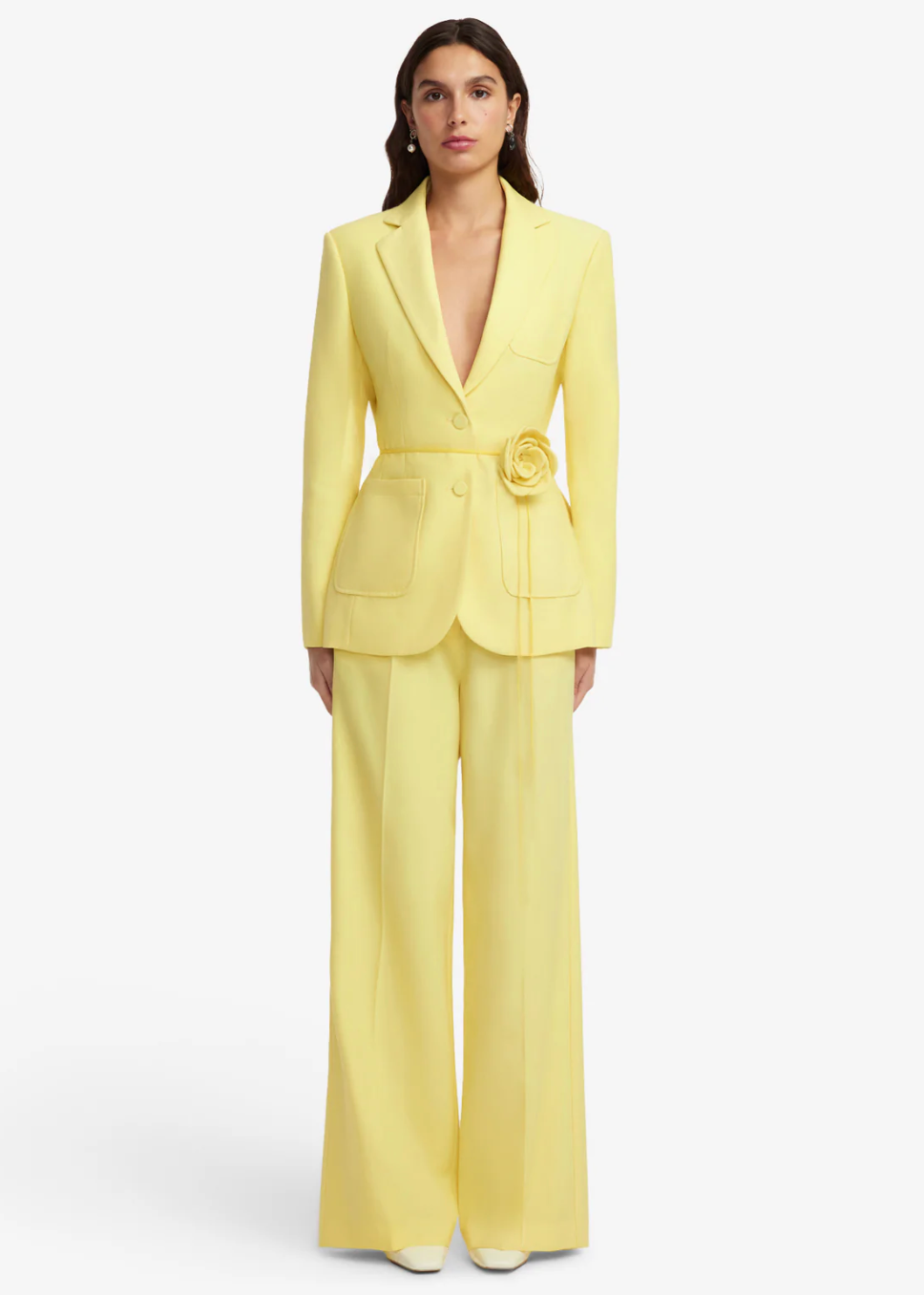 person wearing leo lin Elisha Wide Leg Pants and Vesper Fitted Blazer in limoncello yellow