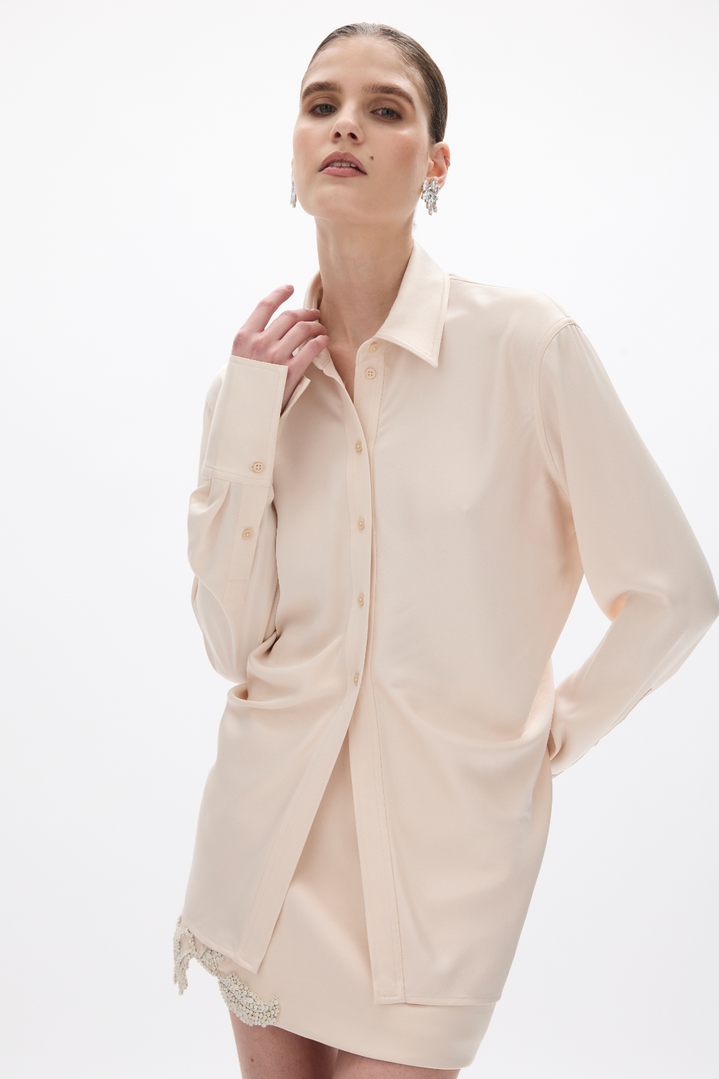 person wearing rachel gilbert Hallie Shirt in Champagne satin