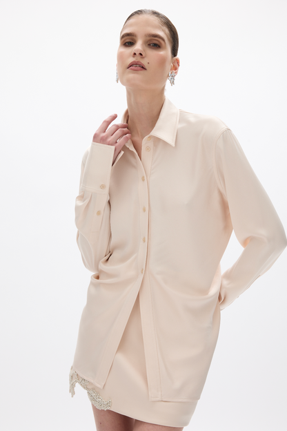 person wearing rachel gilbert Hallie Shirt in Champagne satin