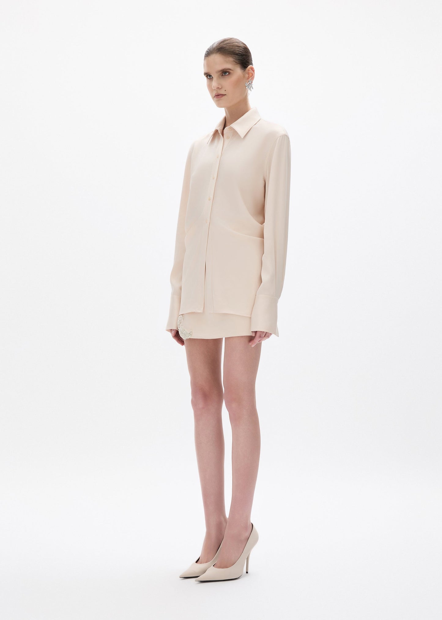 person wearing rachel gilbert Hallie Shirt in Champagne satin