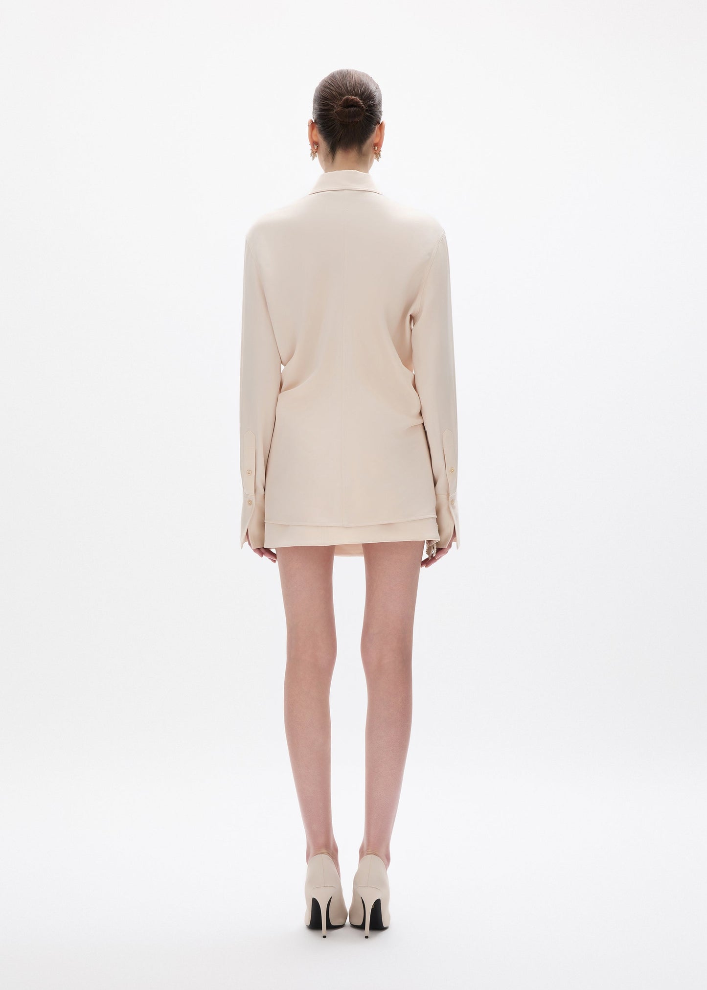 person wearing rachel gilbert Hallie Shirt in Champagne satin