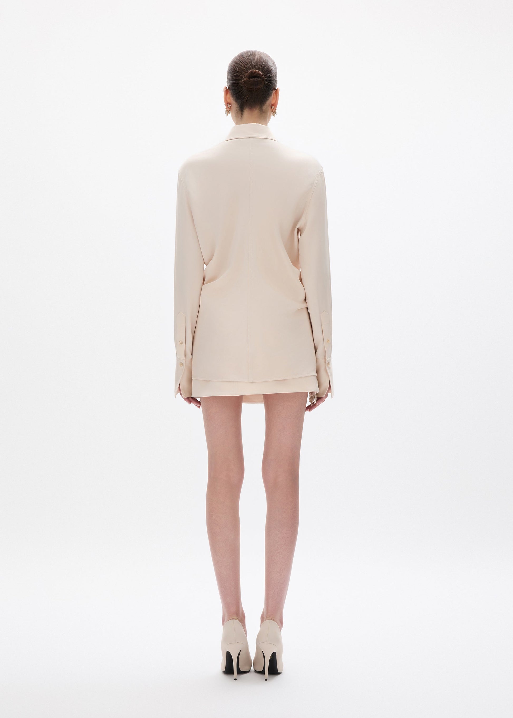 person wearing rachel gilbert Hallie Shirt in Champagne satin
