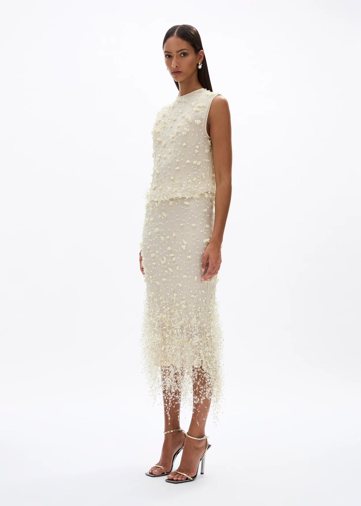 person wearing rachel gilbert womens embellished Anika Skirt in butter yellow